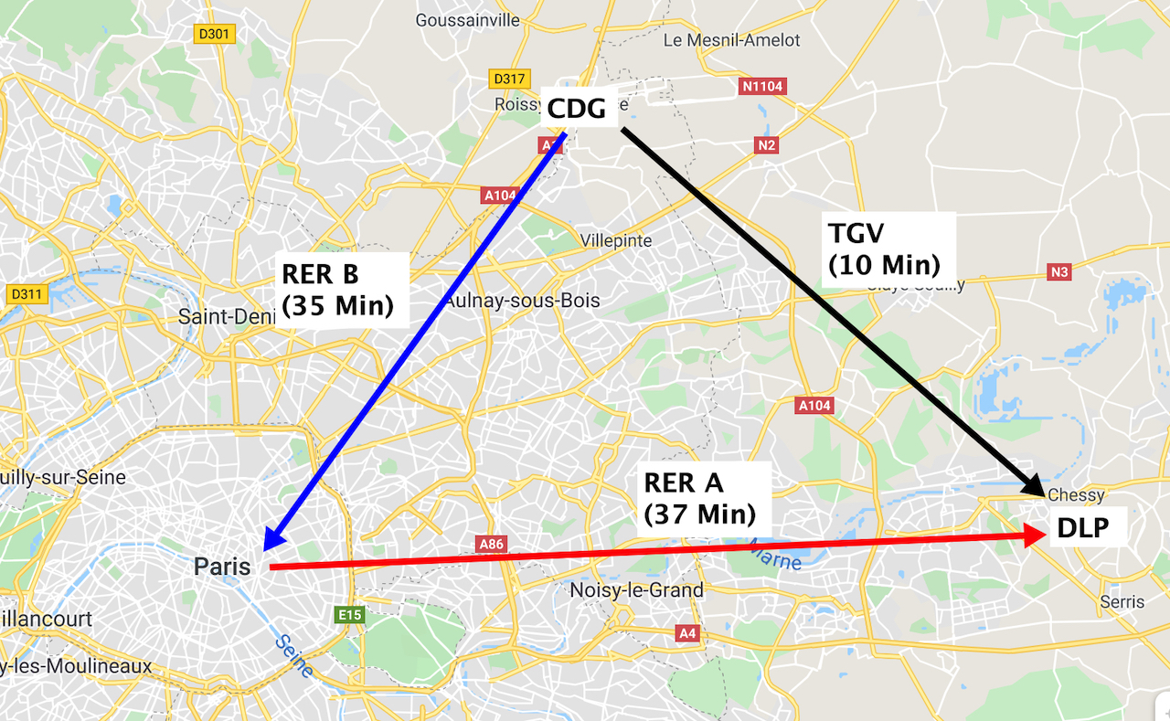 Cómo llegar entre el aeropuerto Charles de Gaulle (CDG) y Disneyland París